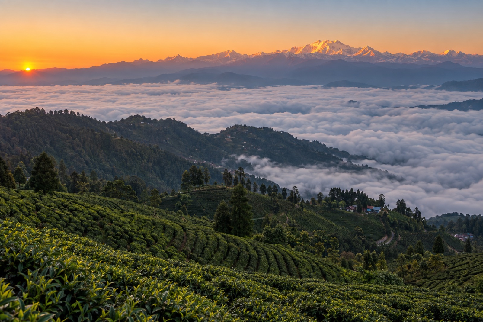 Sunrise from Antu Danda above Shree Antu in Ilam, with tea gardens, a cloud sea and the eastern Himalaya