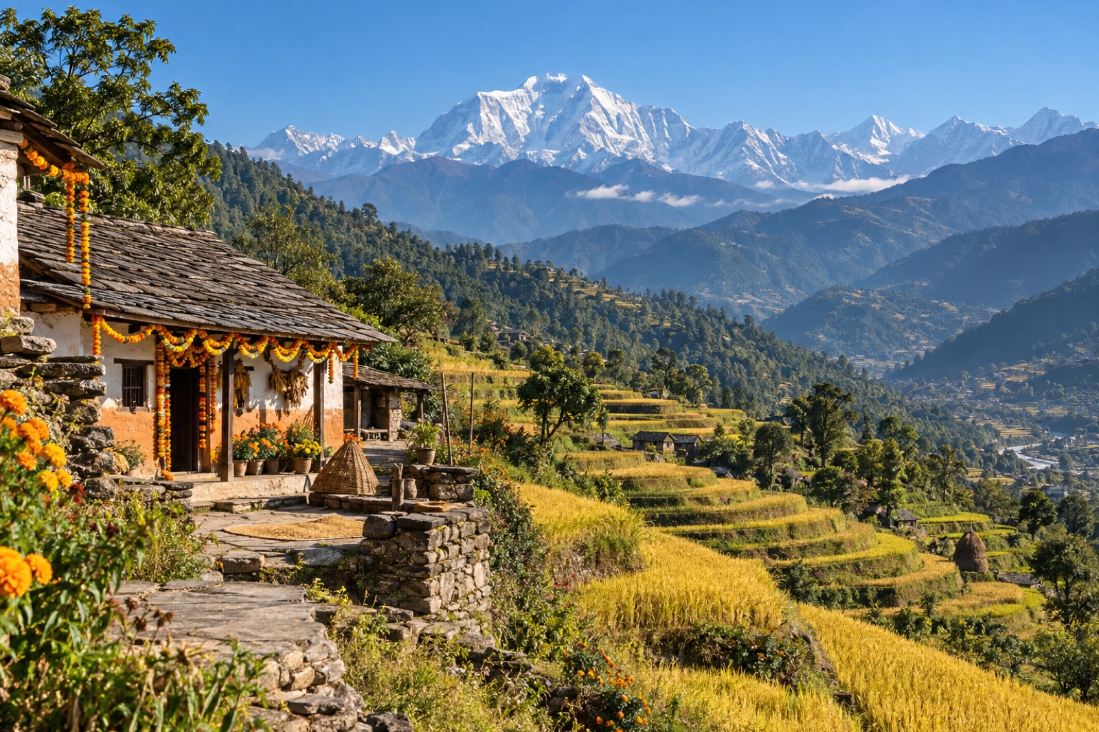 A village house decorated with marigolds above golden autumn terraces near Baglung, Dhaulagiri clear behind