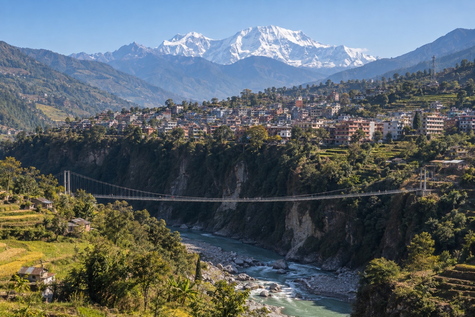 Baglung town on its shelf above the Kali Gandaki gorge, with the suspension bridge and Dhaulagiri behind