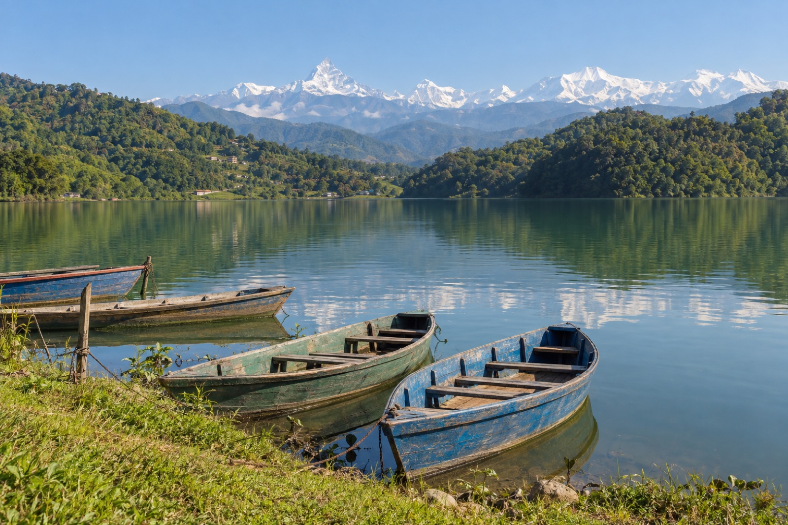 Wooden rowing boats moored on Begnas Lake with the Annapurna range behind