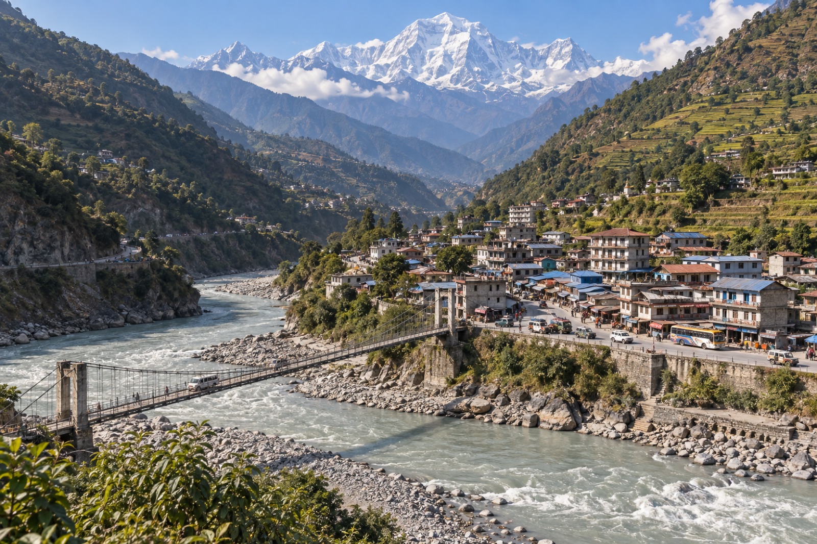 Beni bazaar at the confluence of the Myagdi Khola and Kali Gandaki, with a suspension bridge and Dhaulagiri behind