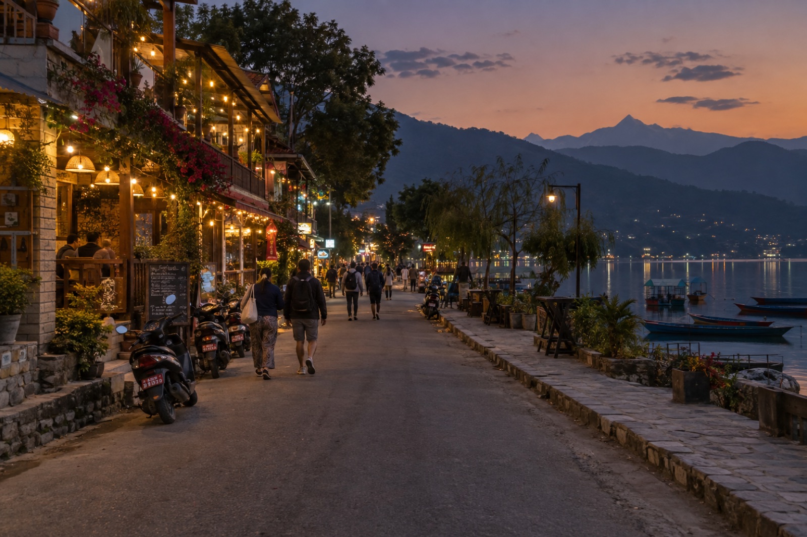 Lakeside, Pokhara at dusk: cafes and guesthouses lit along the lakeside road with the hills behind