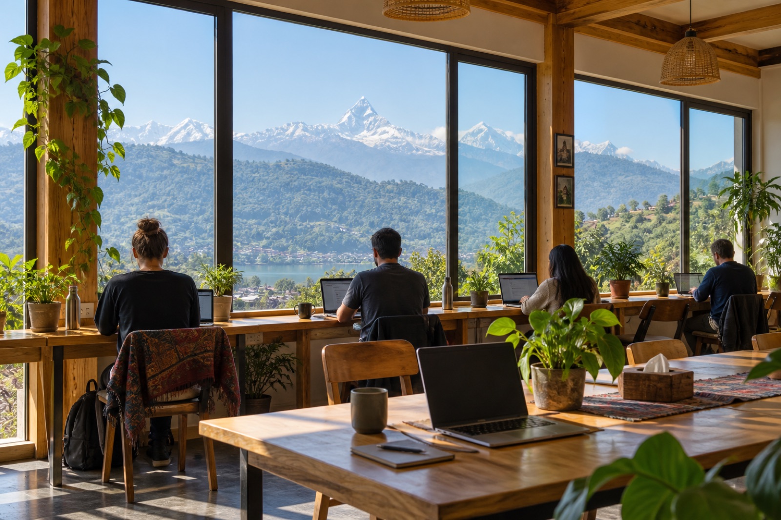 A bright coworking space in Pokhara with desks facing windows onto the hills and Machhapuchhre