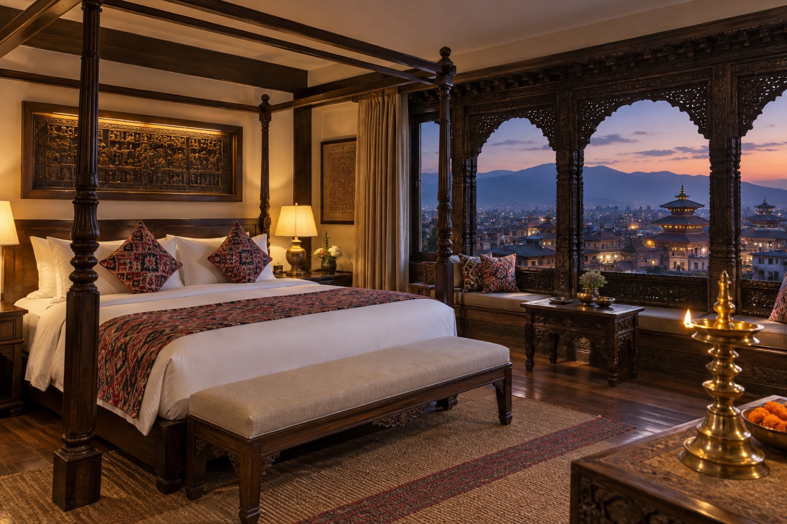 A four-poster suite with carved Newari windows looking over Kathmandu’s temple roofs at dusk