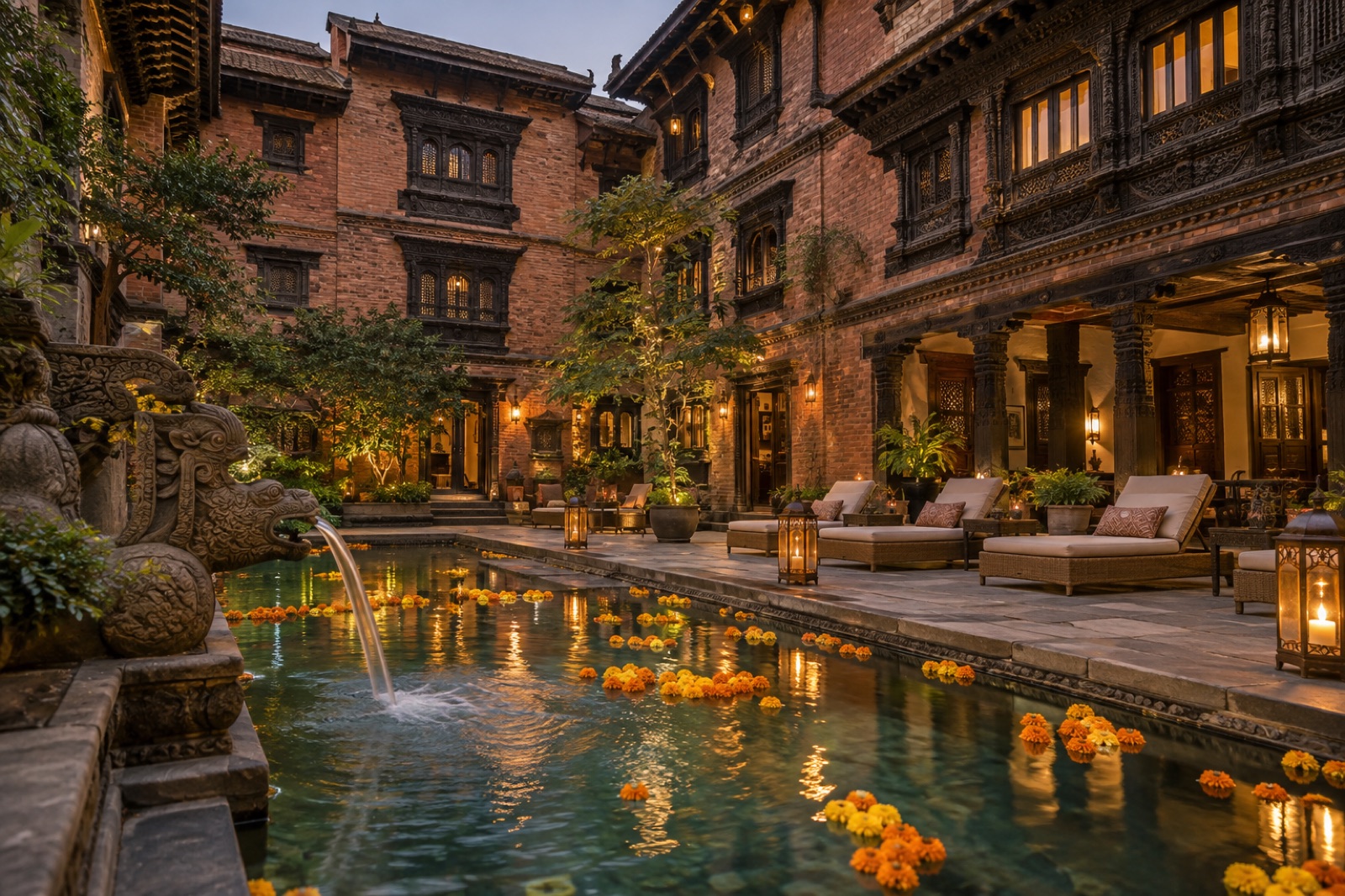 The lantern-lit courtyard pool of a Newari-style heritage luxury hotel in Kathmandu, strewn with marigolds