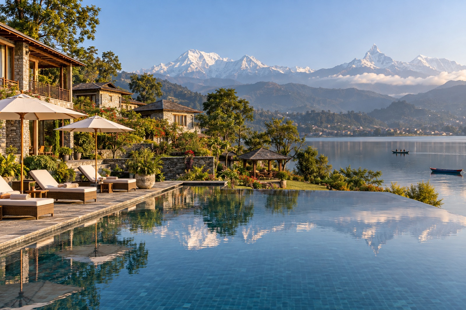 An infinity pool at a lakeside resort in Pokhara with Phewa Lake and the Annapurna range beyond
