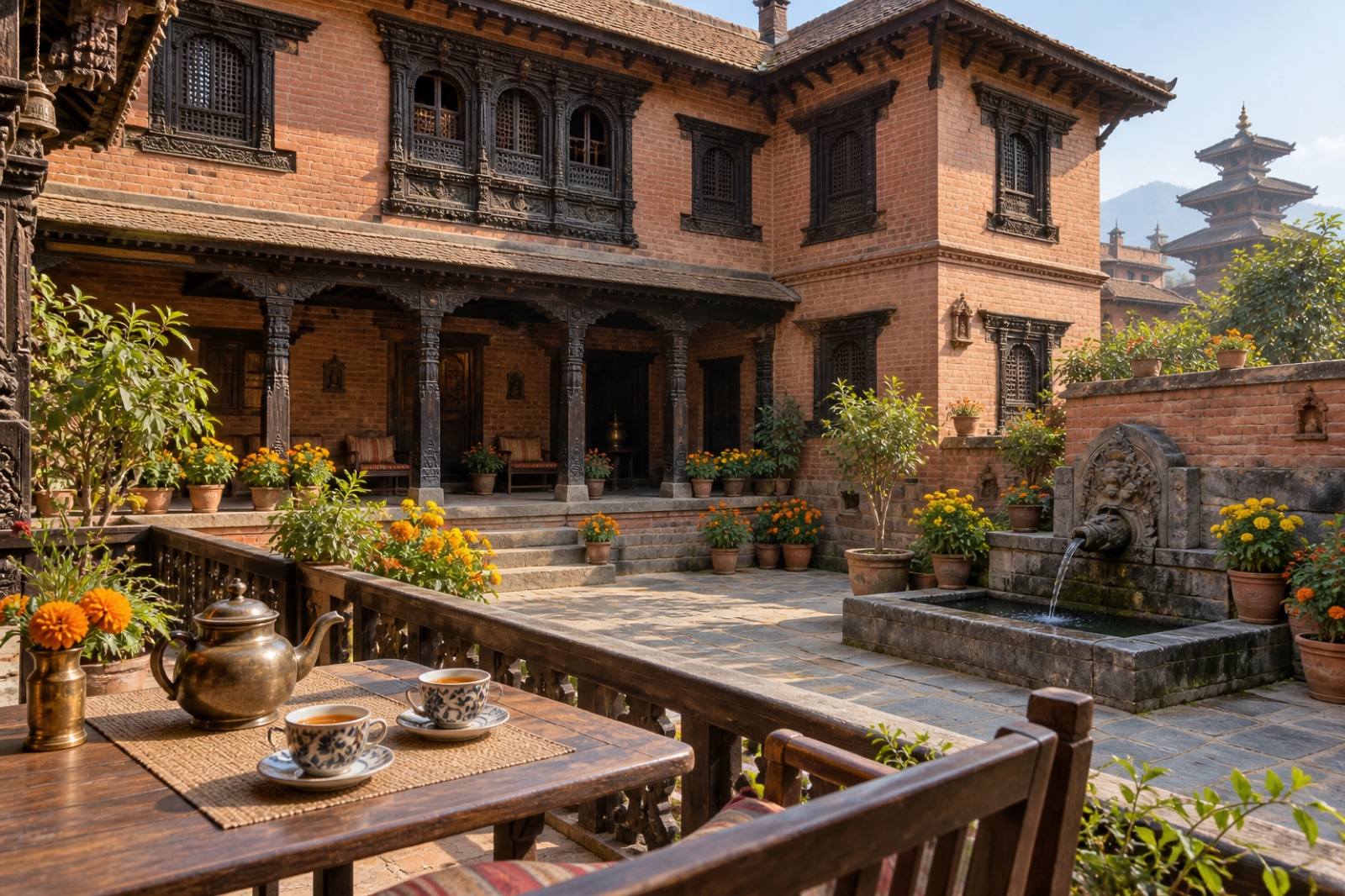 The courtyard of a restored Newari heritage hotel in Bhaktapur, with marigolds and a stone spout