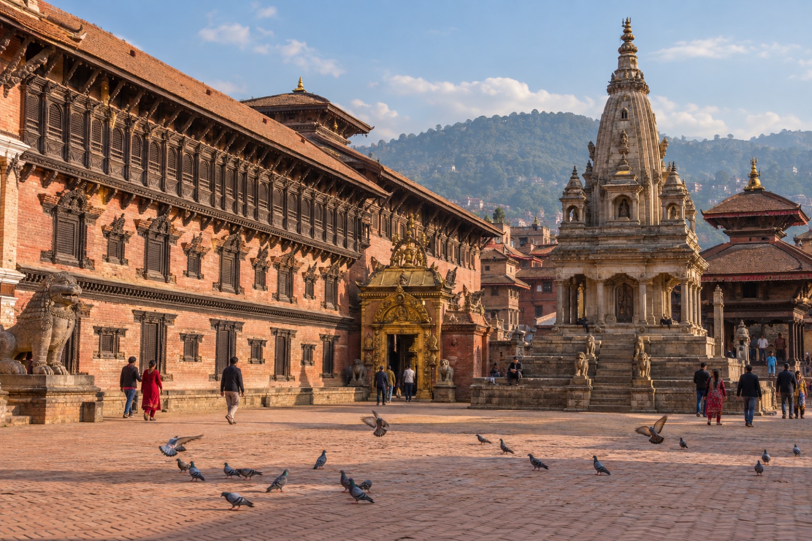 Bhaktapur Durbar Square in afternoon light, with the Golden Gate, palace and Vatsala temple