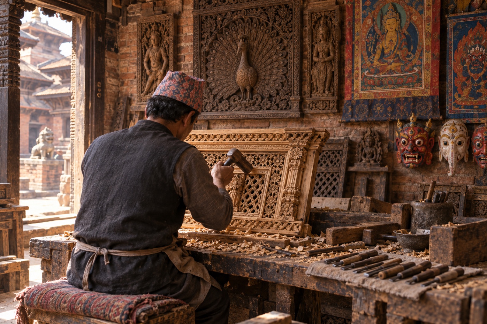 A woodcarver chiselling a lattice panel in a Bhaktapur workshop, with carved peacock panels and masks
