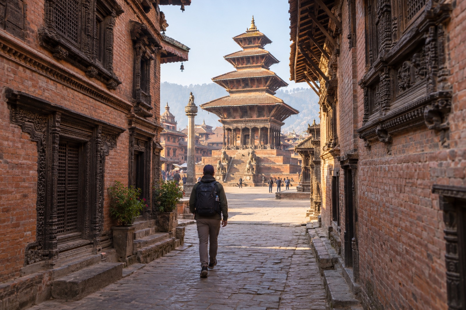 A traveller walking a narrow brick lane in Bhaktapur toward the Nyatapola Temple