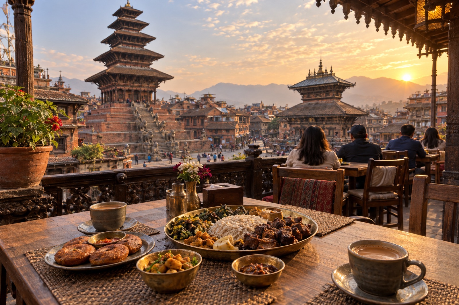 A rooftop restaurant terrace over Taumadhi Square in Bhaktapur at golden hour