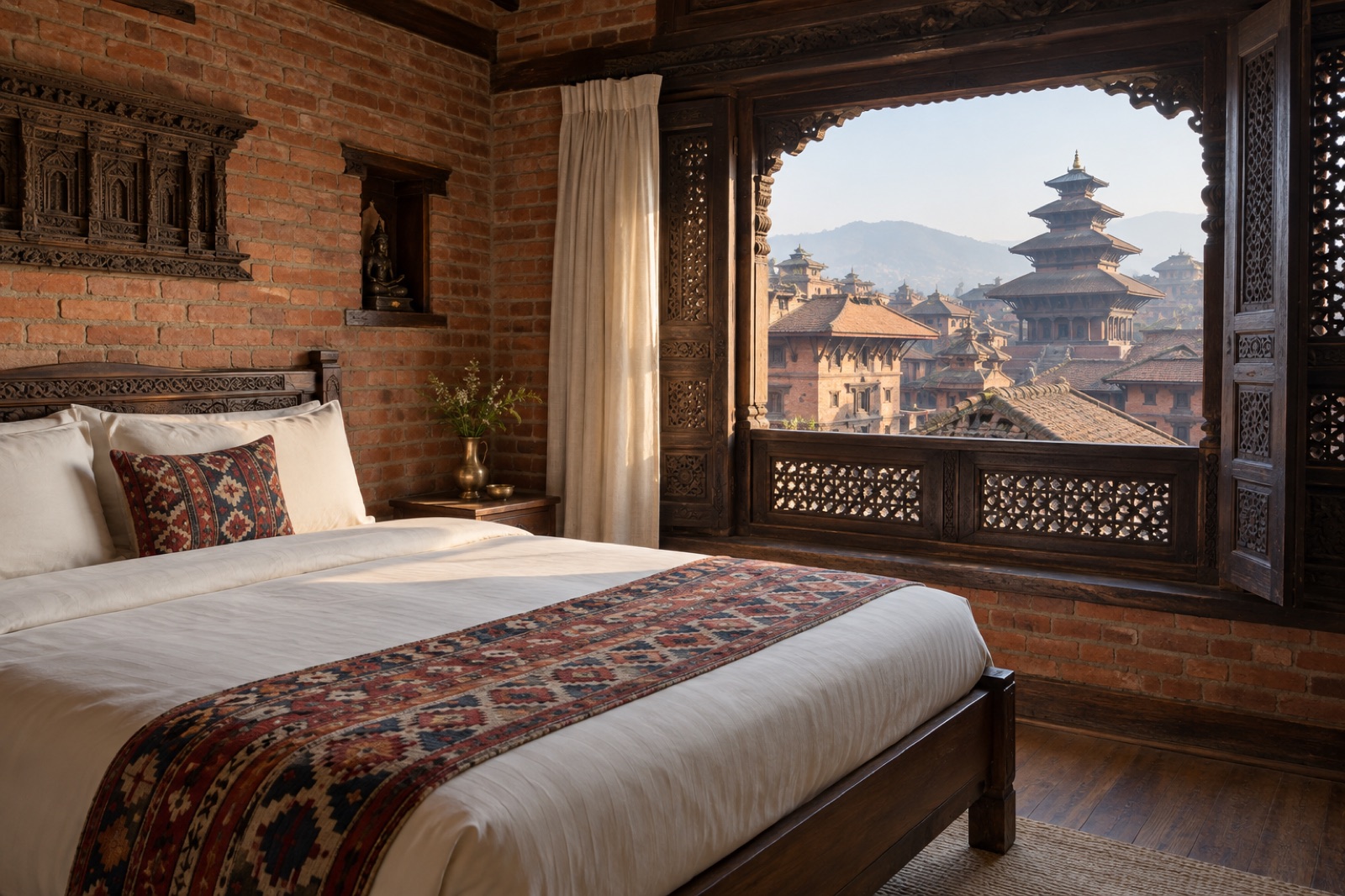 A heritage hotel room in Bhaktapur with brick walls, carved window frames and a temple view