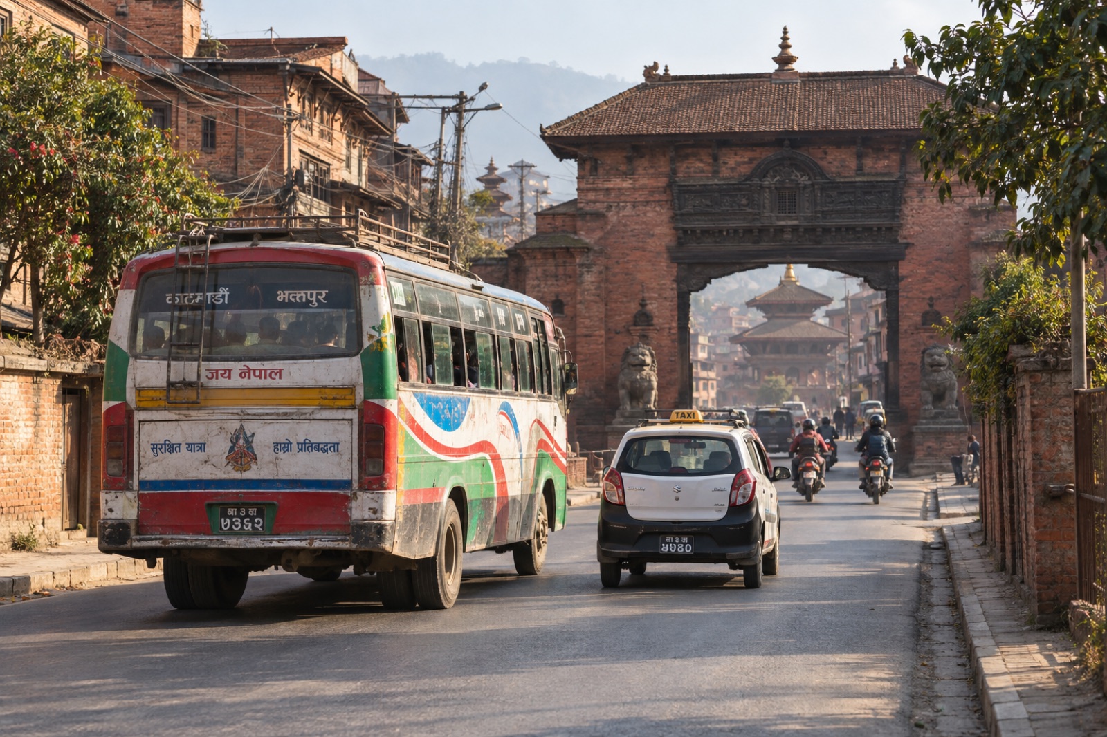 A local bus and taxi on the road into Bhaktapur, with the old brick city gate ahead