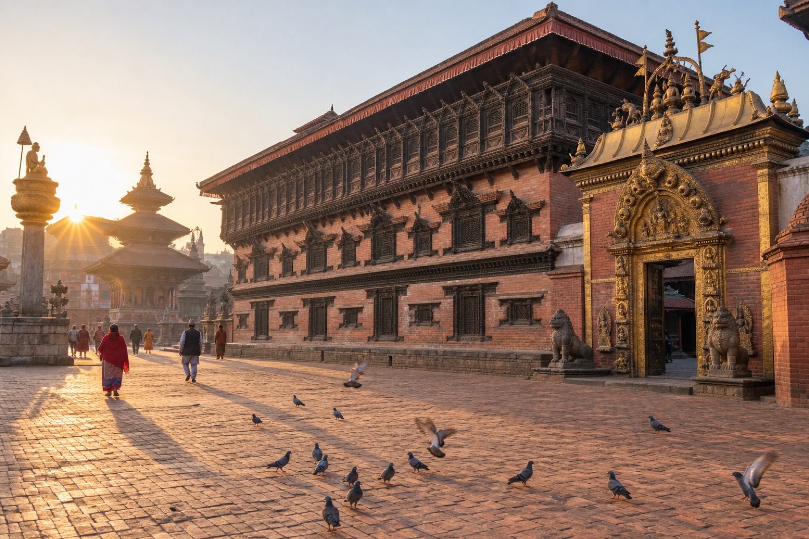 Sunrise over Bhaktapur Durbar Square, with the Golden Gate and the 55-Window Palace