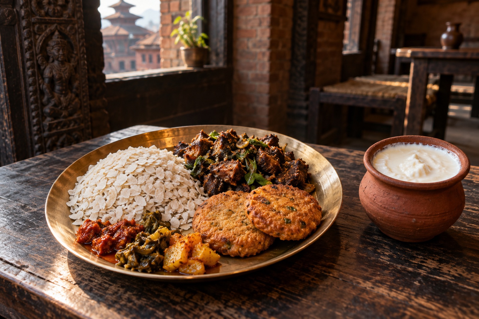 A Newari khaja set of beaten rice, choila, bara and pickles on a brass plate in Bhaktapur