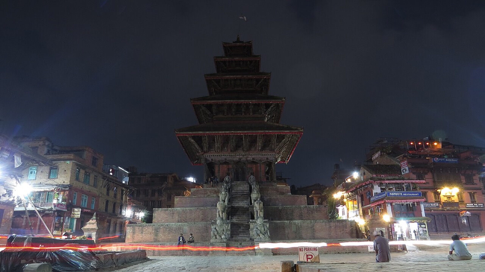 The Nyatapola Temple lit at night above Taumadhi Square, Bhaktapur