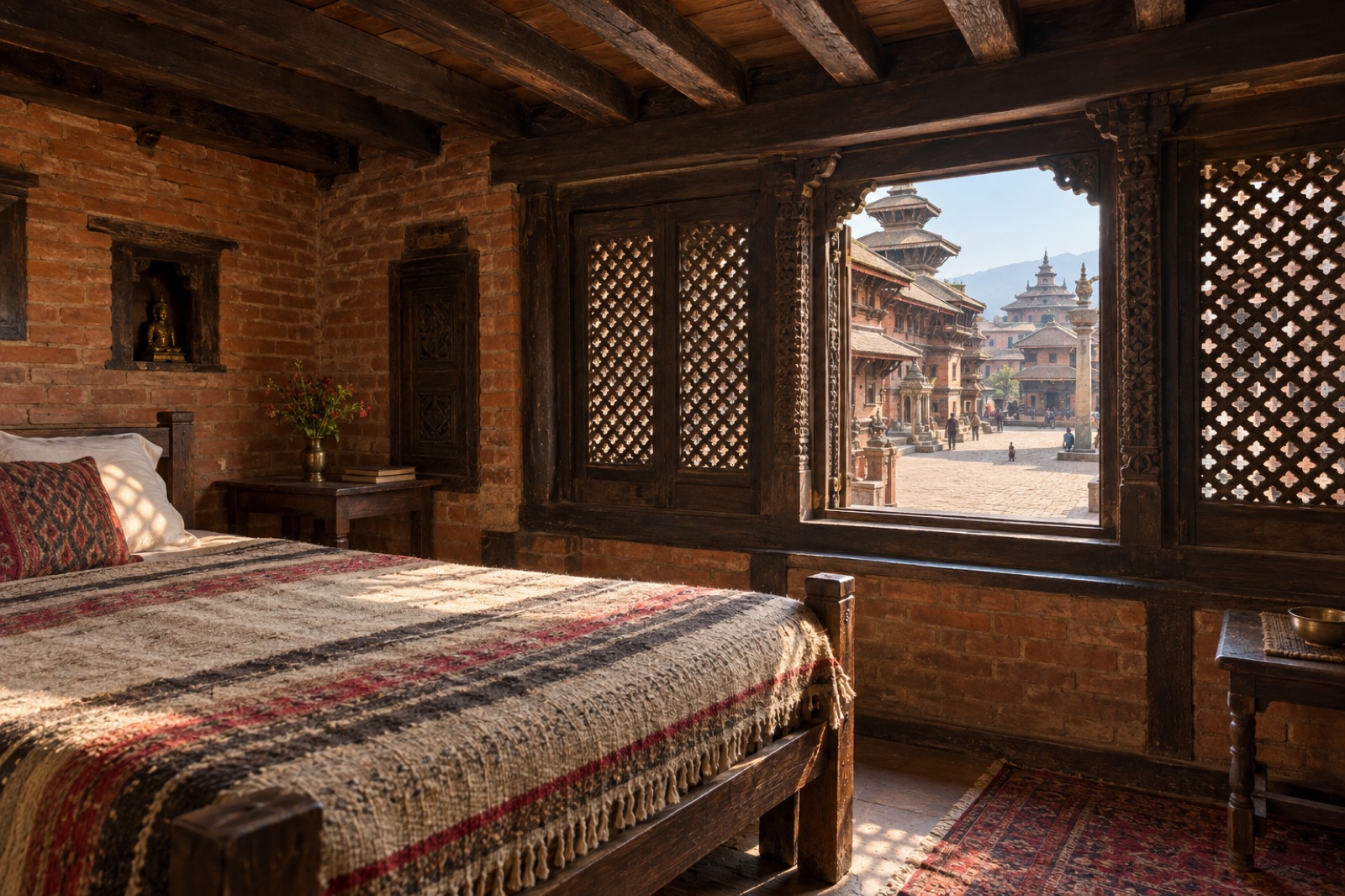 A guesthouse room in a traditional Newari brick house in Bhaktapur, looking onto the old square