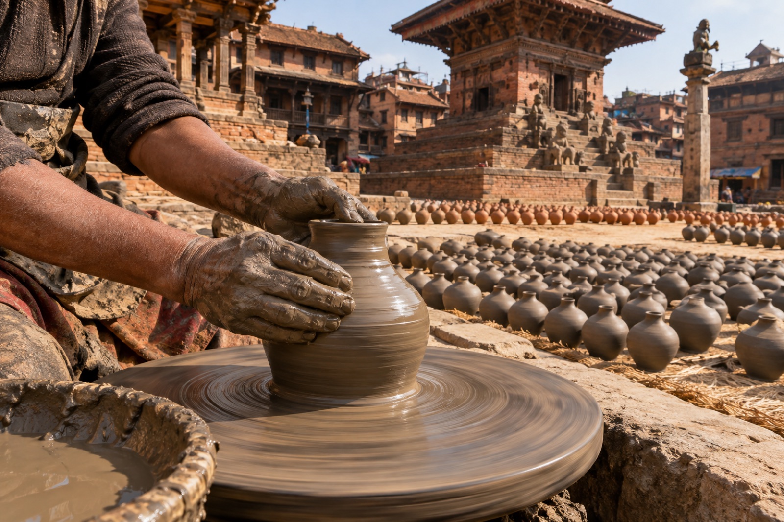 A potter shaping clay on a wheel in Pottery Square, Bhaktapur, with pots drying in the sun