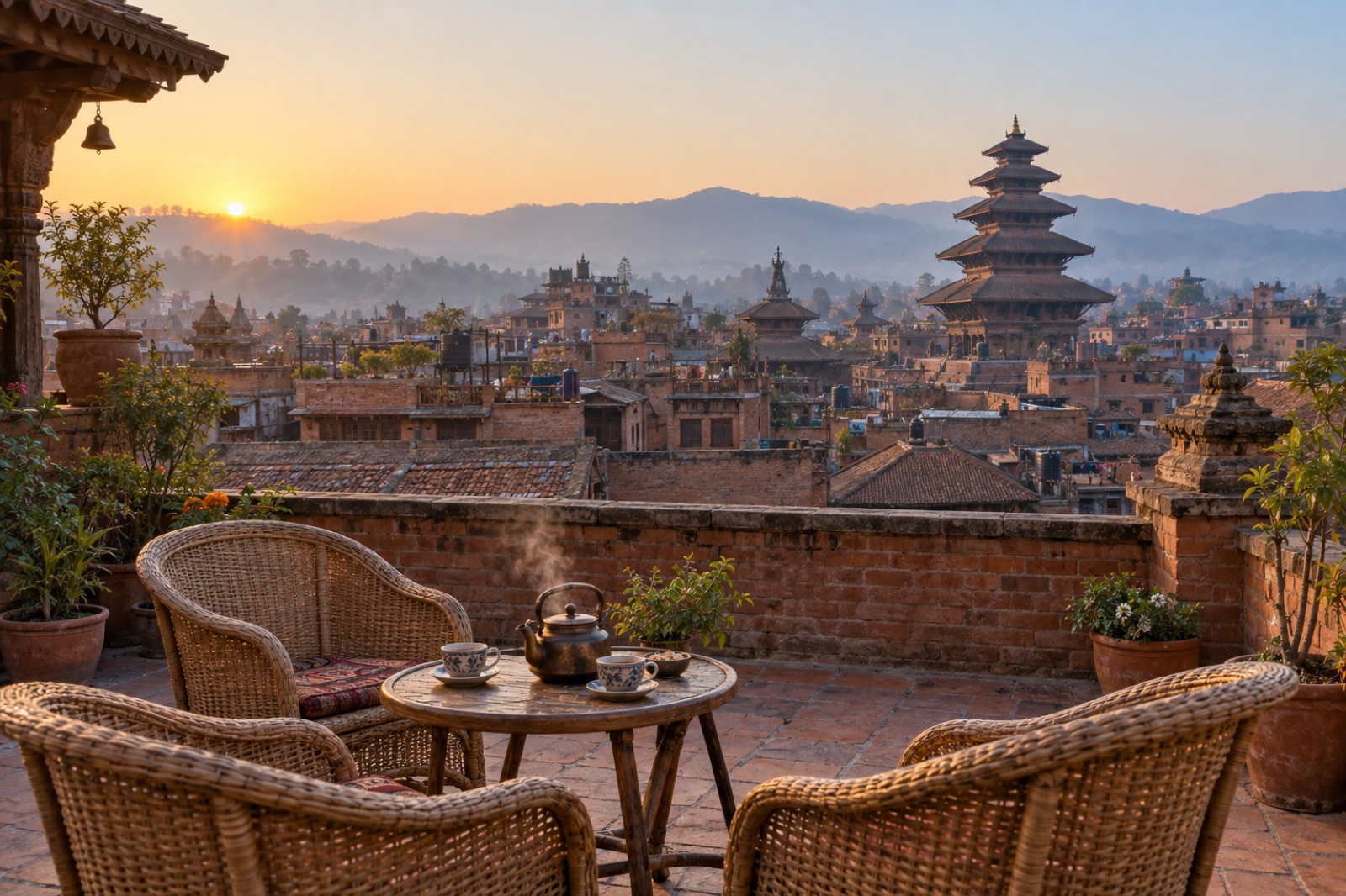 A guesthouse rooftop terrace in Bhaktapur at dawn, looking over old rooftops to Nyatapola Temple