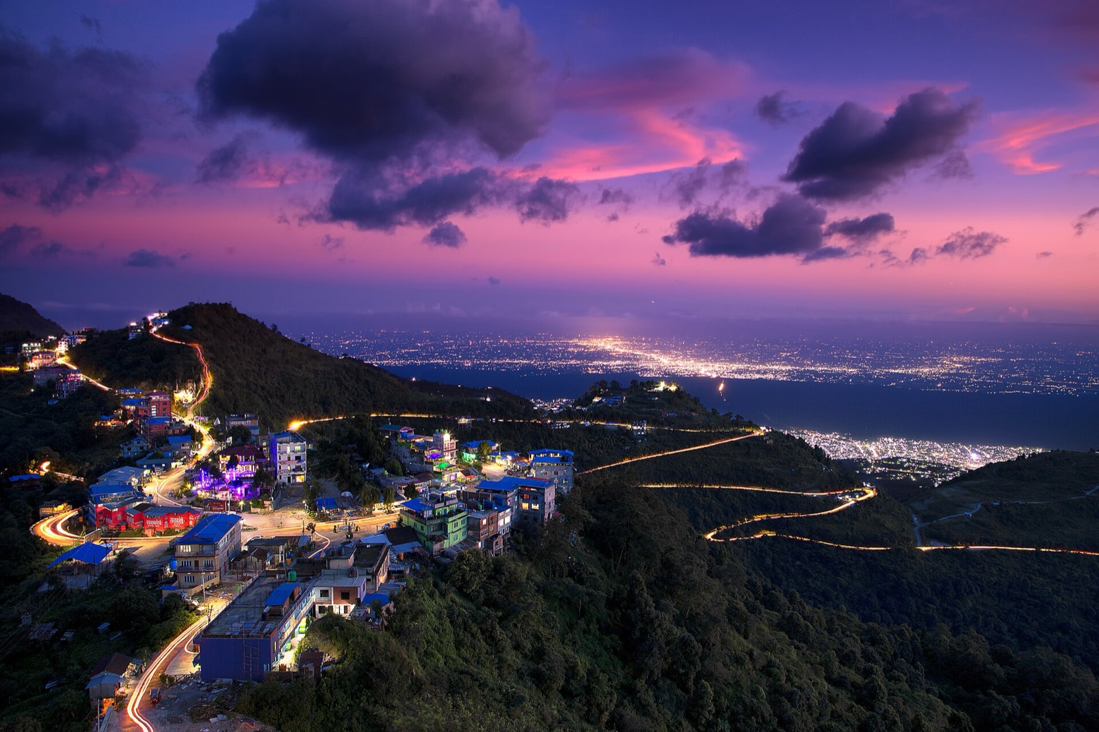 Dusk at Bhedetar above Dharan, the hillside lit up with the lights of the Terai plain stretching beyond