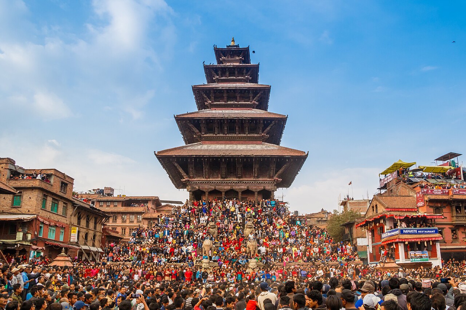 Crowds packing the steps of Nyatapola Temple during Bisket Jatra in Bhaktapur