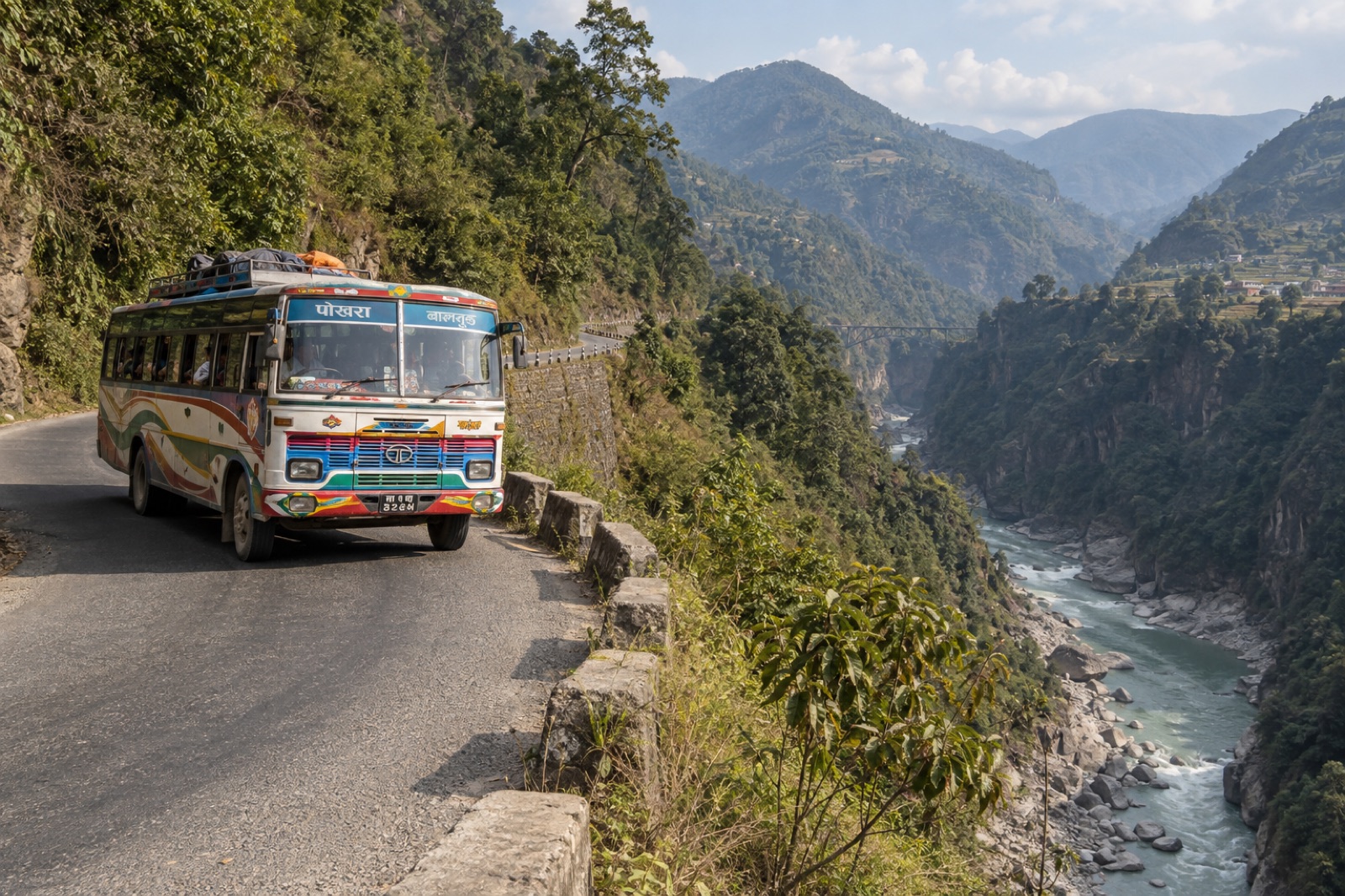 A local bus on the Pokhara–Baglung highway above the Kali Gandaki gorge near Kushma