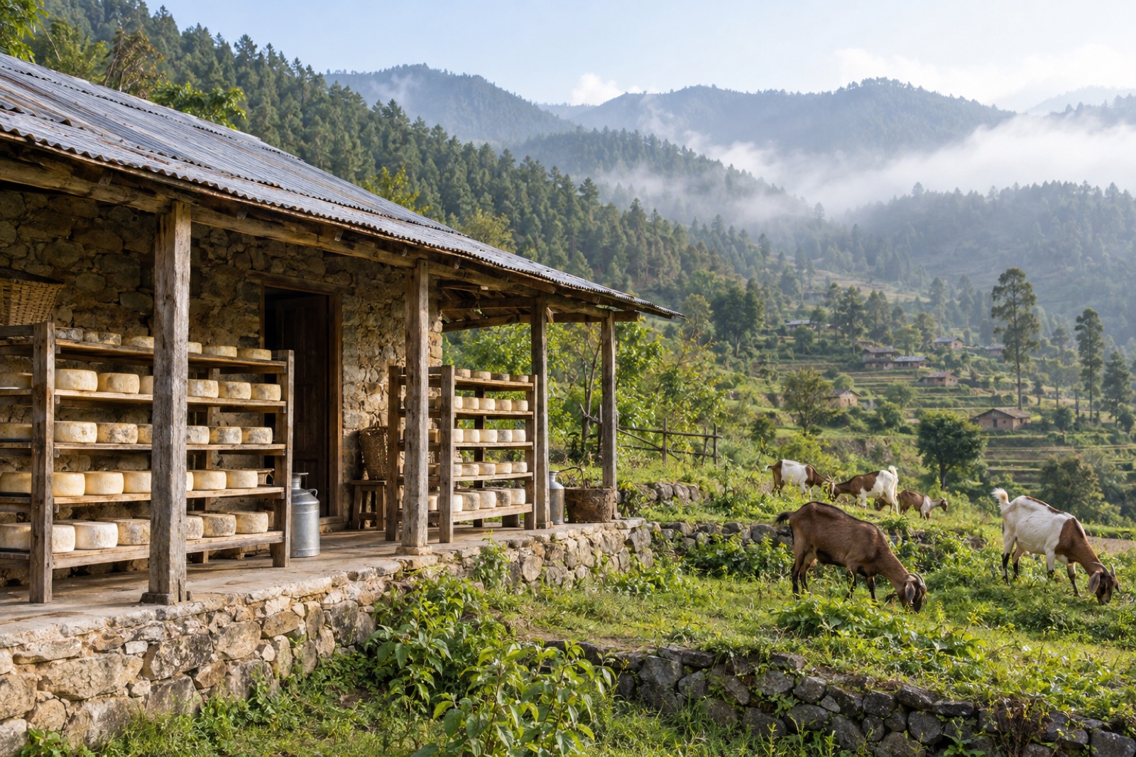 Wheels of goat cheese ageing on wooden racks at a hillside farm in the Chitlang valley, with goats grazing below