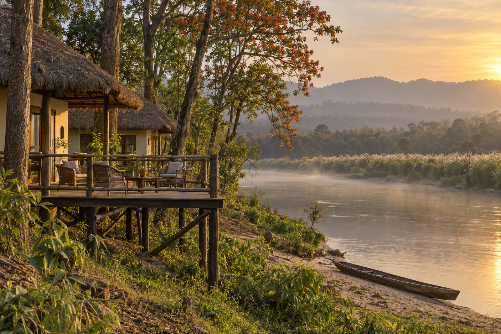 A thatched jungle lodge with a raised deck above the misty Rapti River at Chitwan, a dugout canoe on the sand