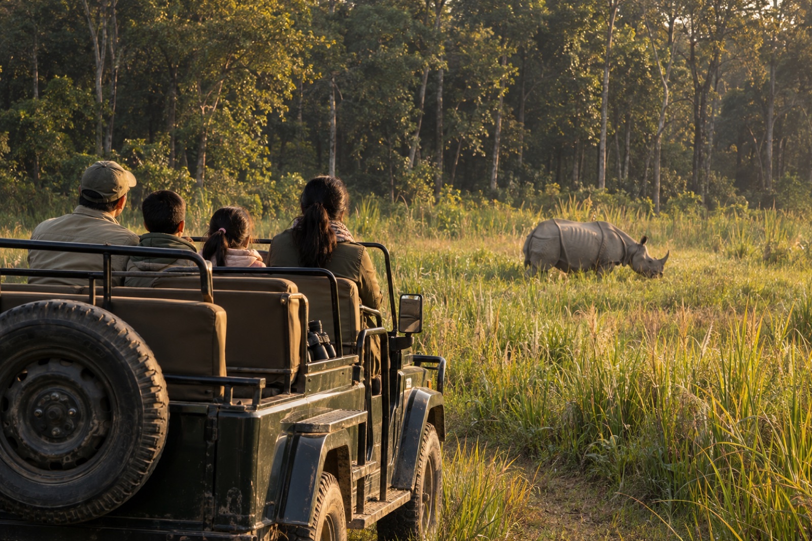 A family in an open safari jeep watching a one-horned rhino in the grassland of Chitwan National Park