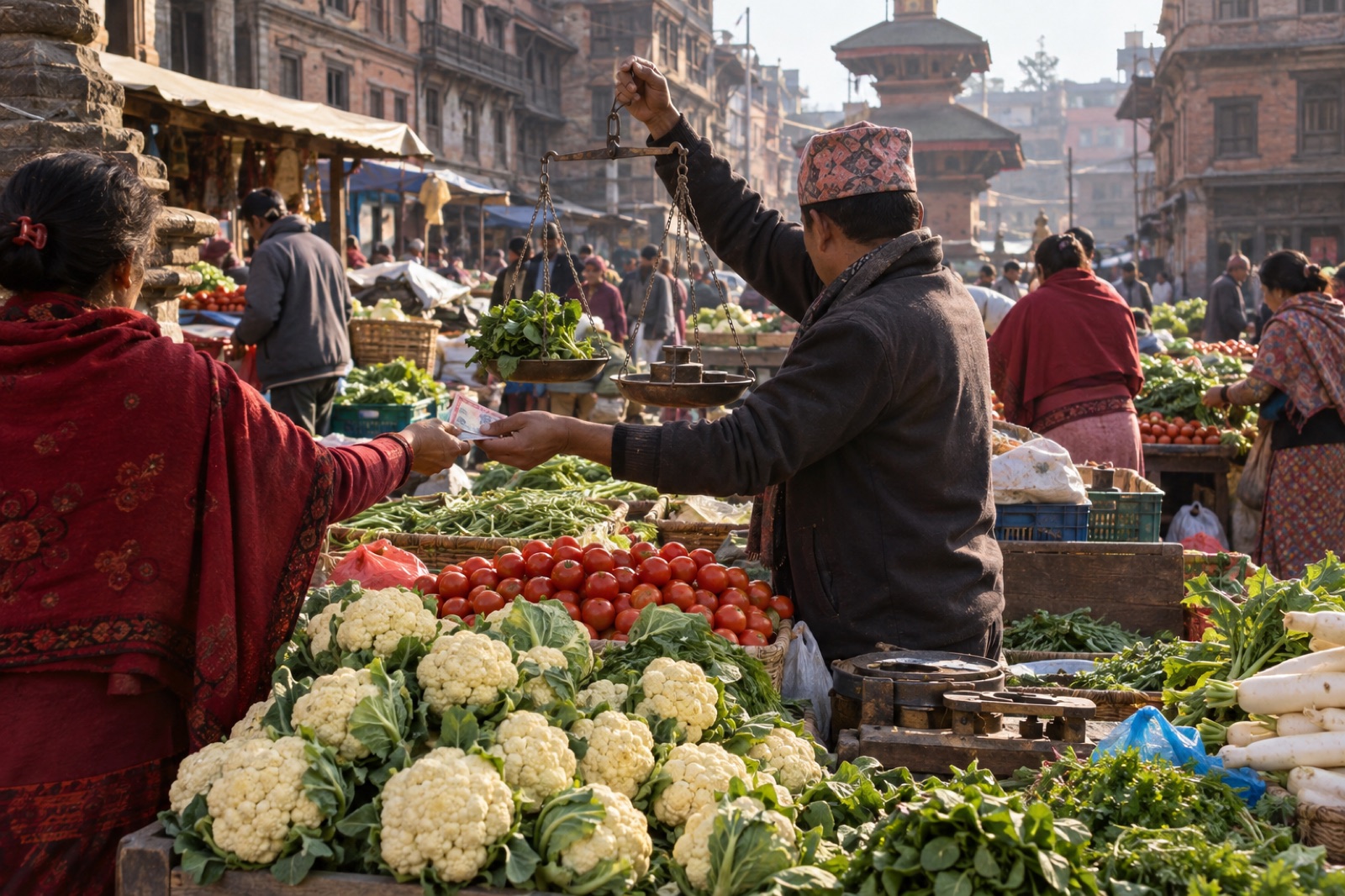 A vegetable bazaar in Kathmandu with a vendor weighing produce on a hand scale