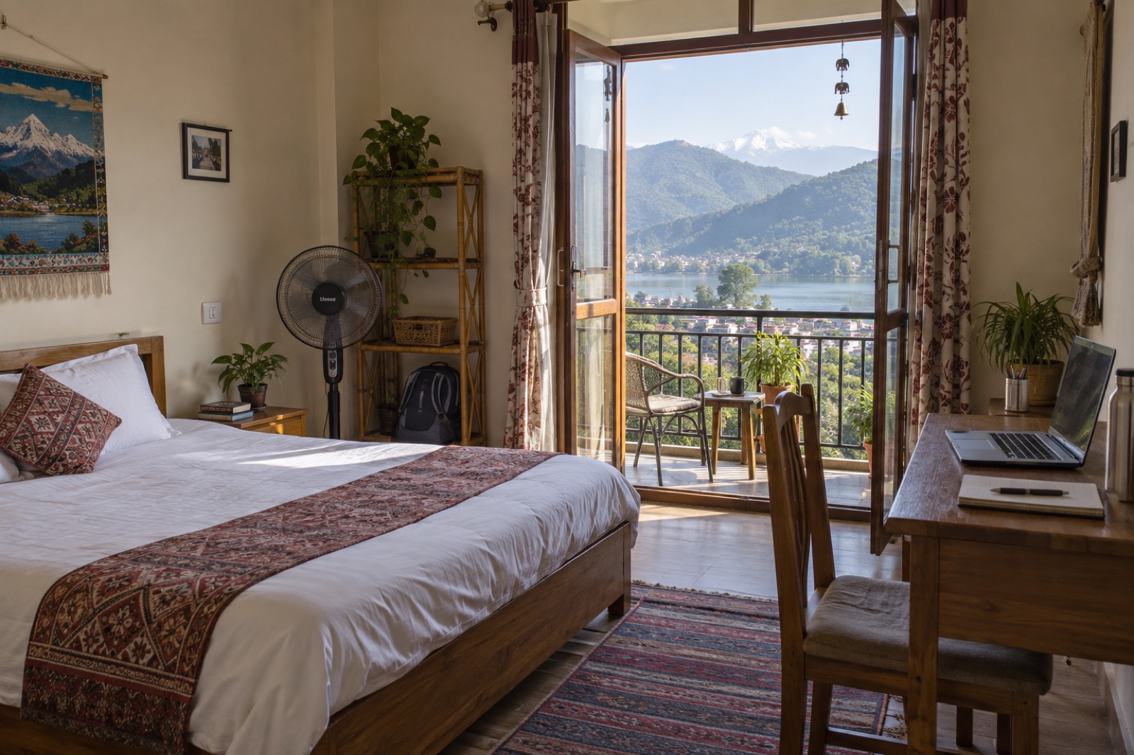 A furnished rental room in Pokhara with a desk and a balcony looking over the hills to Phewa Lake