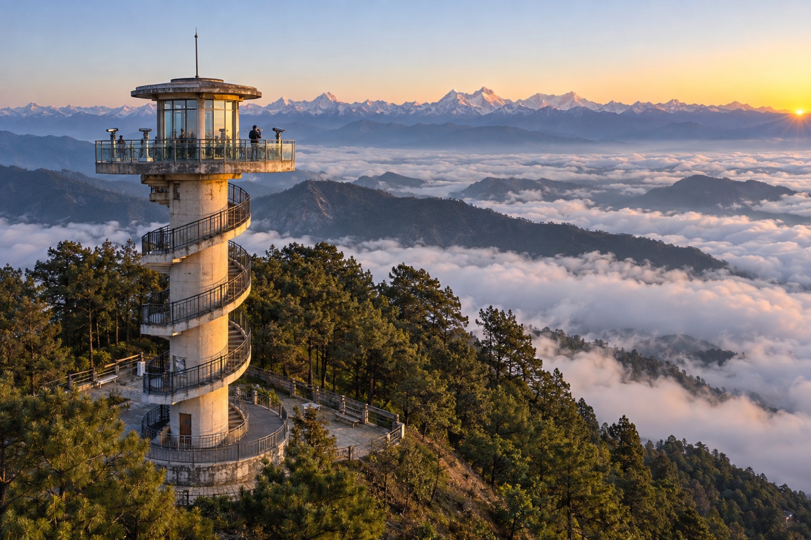 The Daman view tower on its pine ridge above a sea of cloud, with the Himalaya on the horizon at sunrise