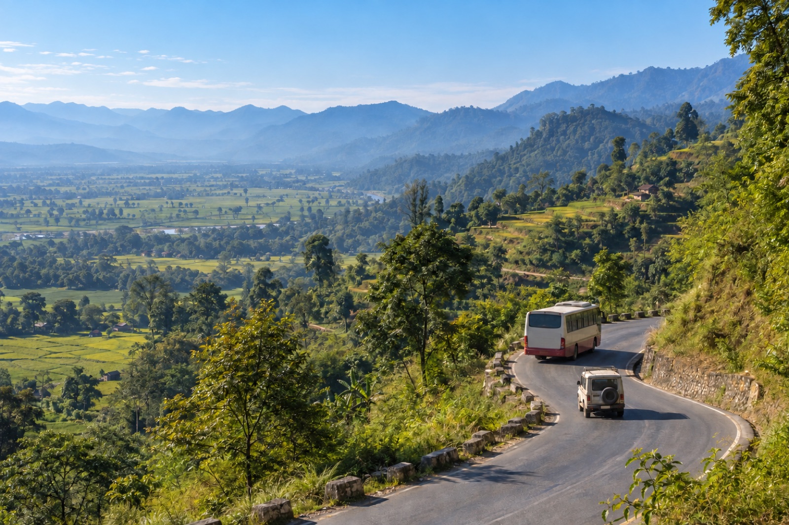The highway climbing north from the far-western Terai into the forested hills of Sudurpashchim