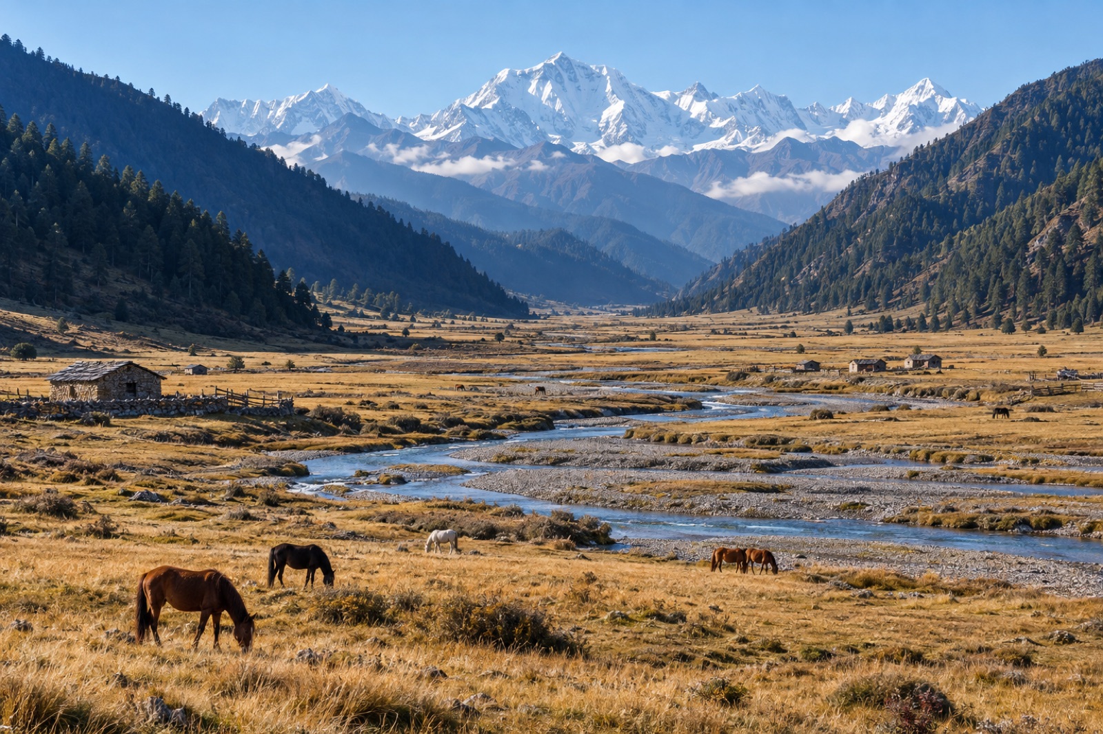 The wide grassland valley of Dhorpatan with horses grazing beside a braided stream and Dhaulagiri behind