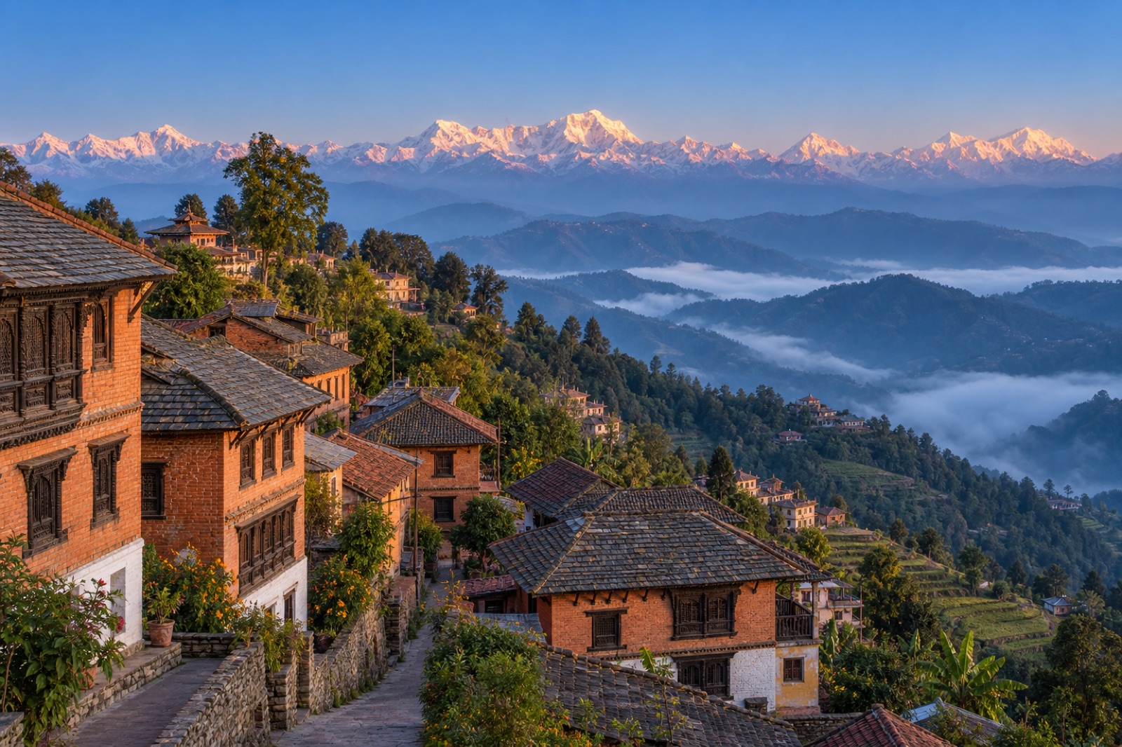 Dawn over Dhulikhel’s red-brick Newar houses, with a cloud-filled valley and the Langtang and Ganesh Himal ranges beyond