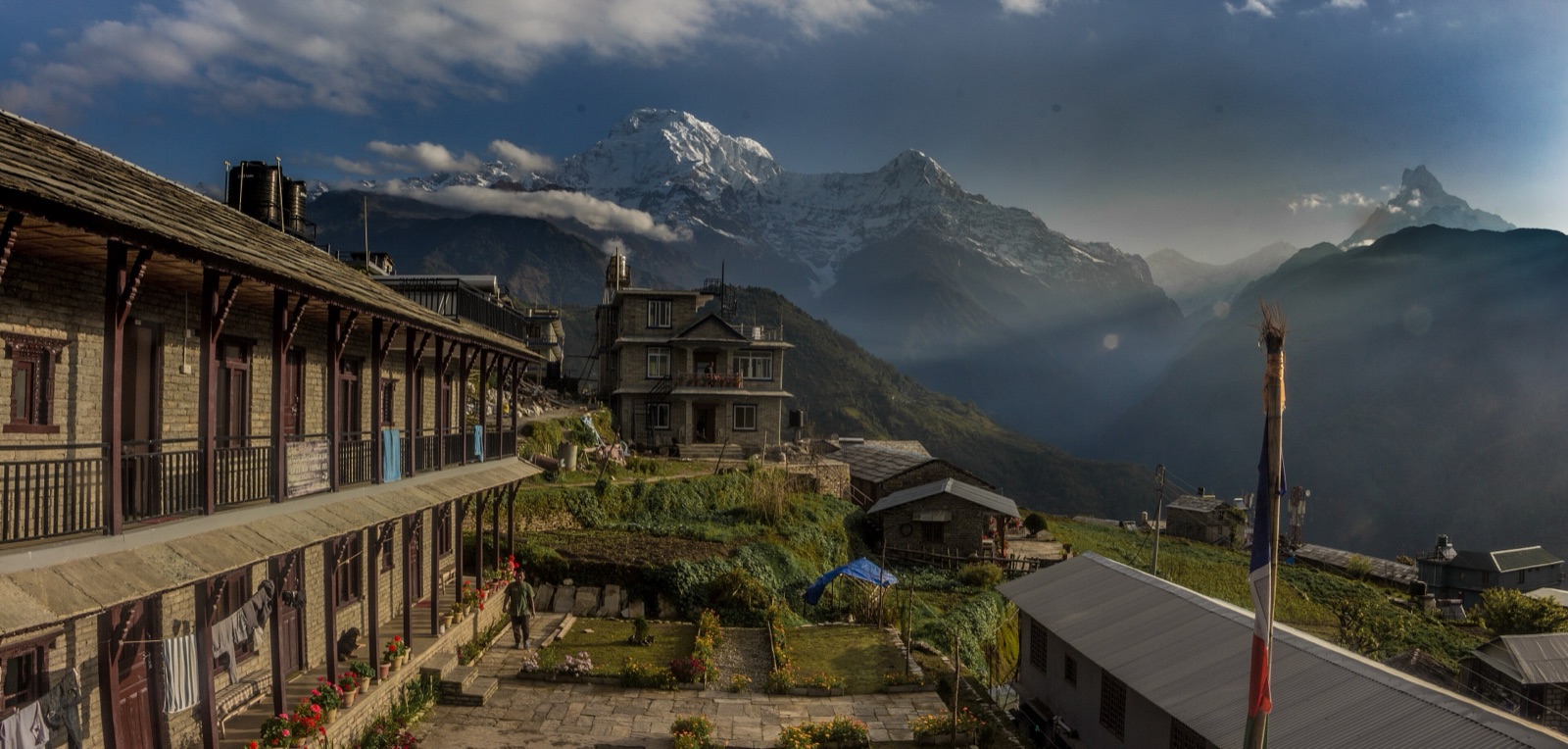 Stone lodges in Ghandruk with Annapurna South, Hiunchuli and Machhapuchhre clear above the valley