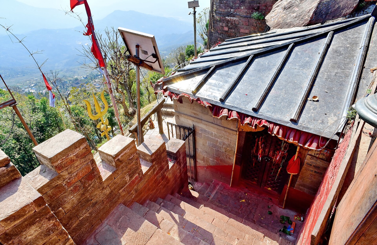 The Gorakhnath shrine at the hilltop Gorkha Durbar, its stone steps looking out over the Gorkha valley
