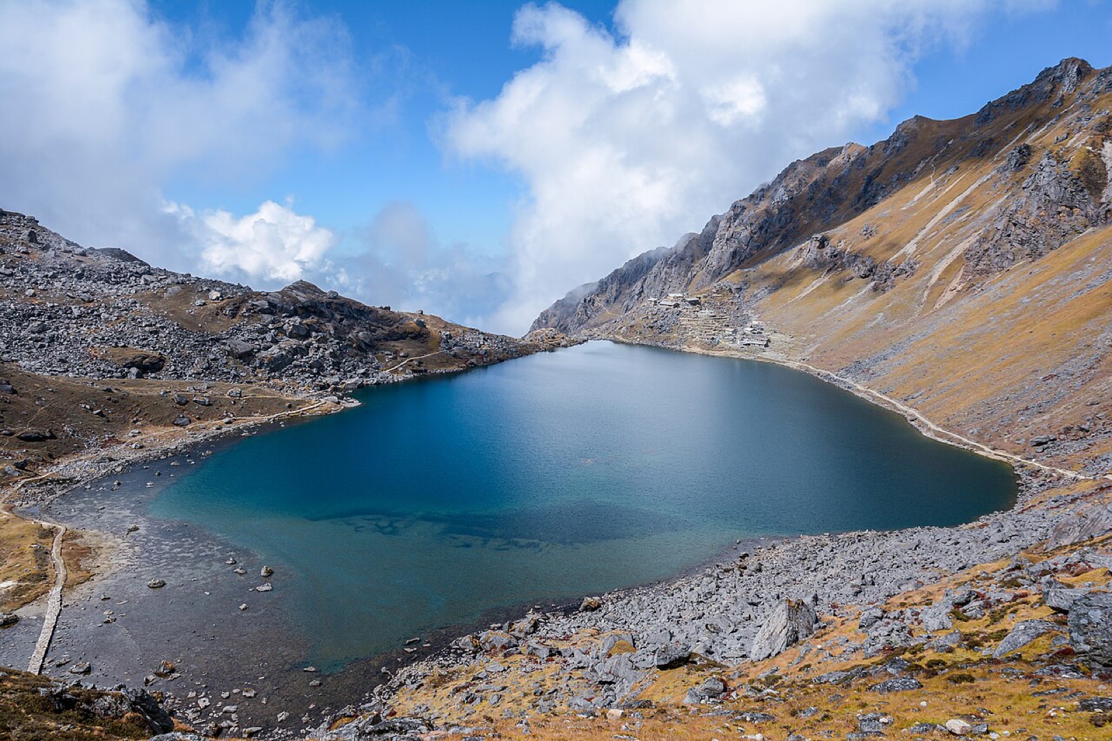 The deep blue sacred lake of Gosaikunda in its rocky bowl at 4,380 m, Langtang National Park