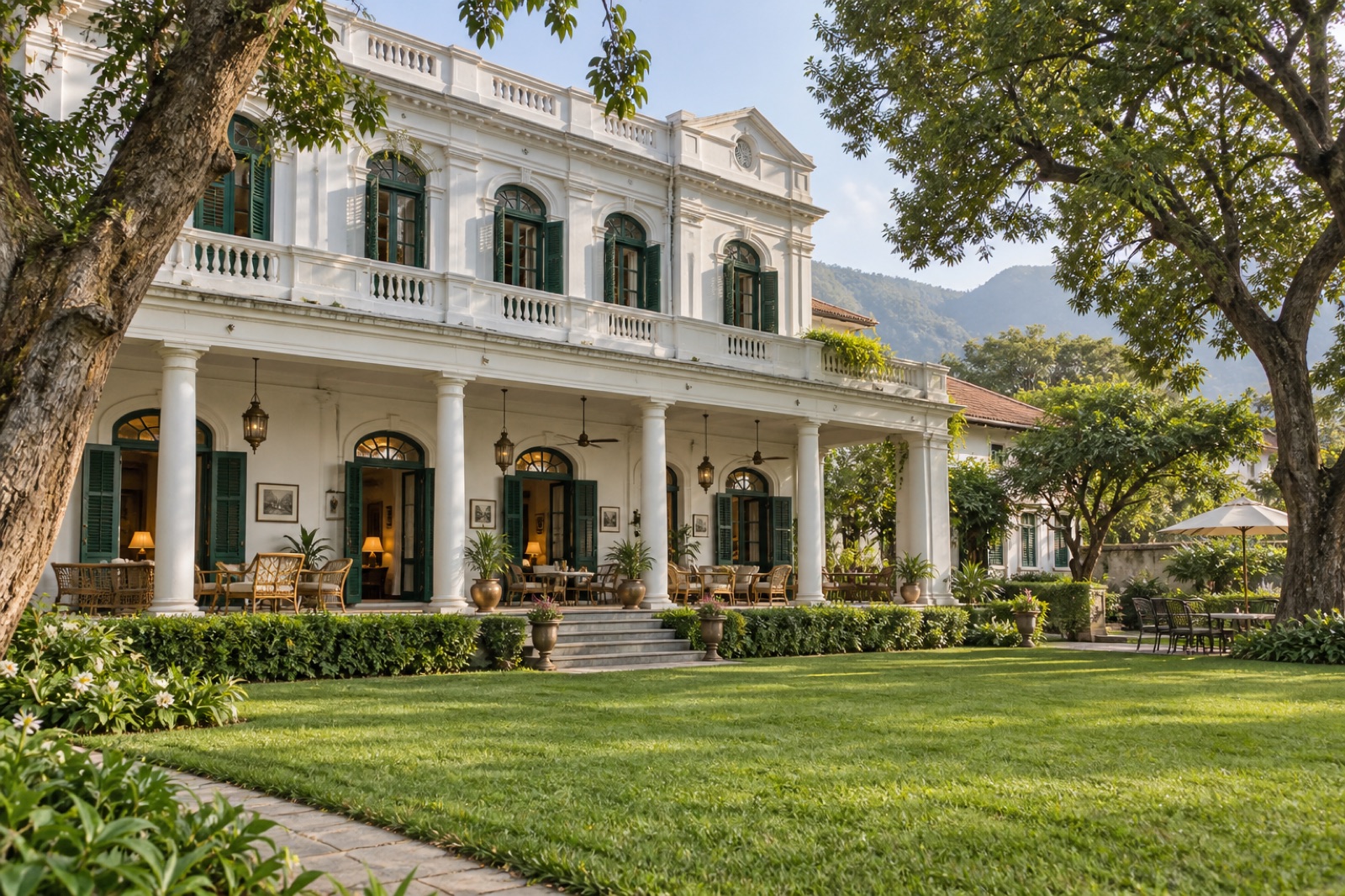 A restored Rana-era heritage hotel with a white colonnaded veranda and lawn