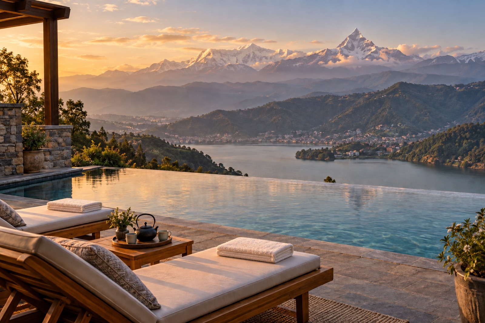 An infinity pool above Pokhara at golden hour with Phewa Lake and the Annapurna range beyond