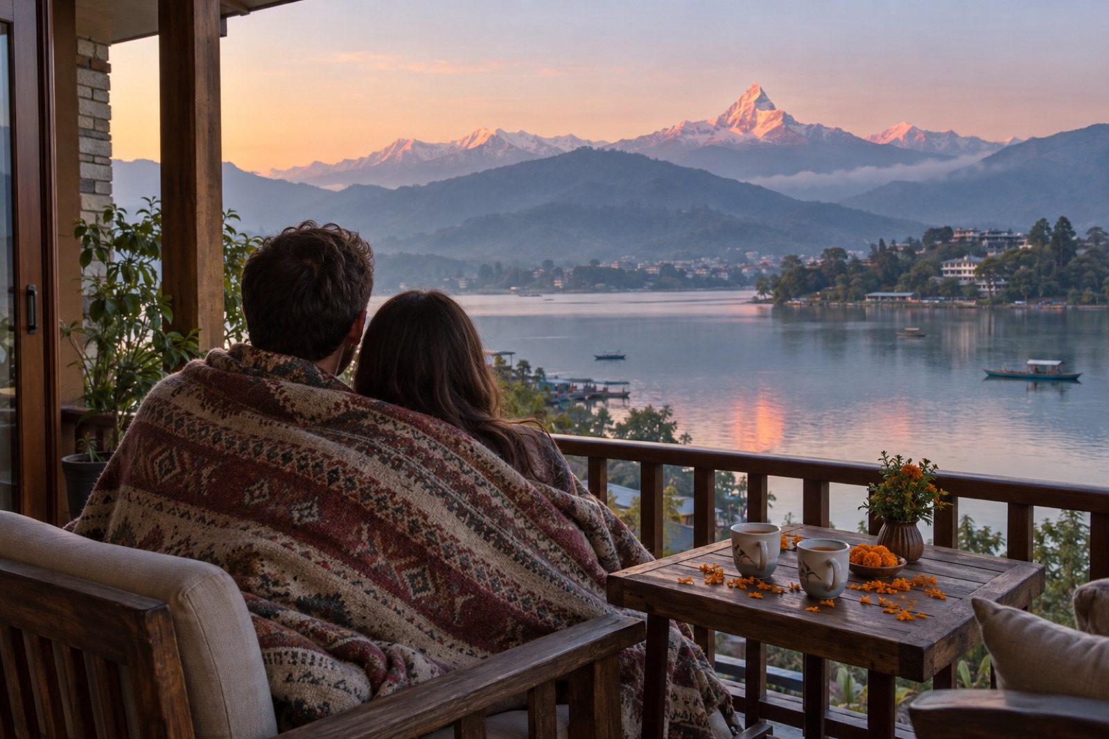 A couple on a resort balcony in Pokhara at sunrise, with Phewa Lake and Machhapuchhre glowing pink
