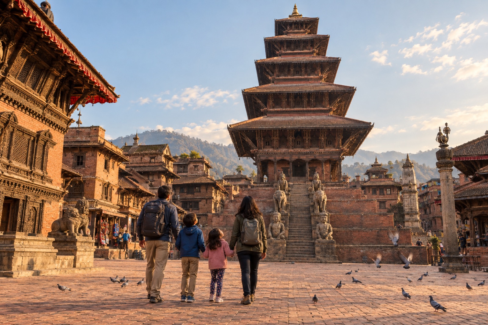 A family with two children in Bhaktapur Durbar Square below the Nyatapola temple