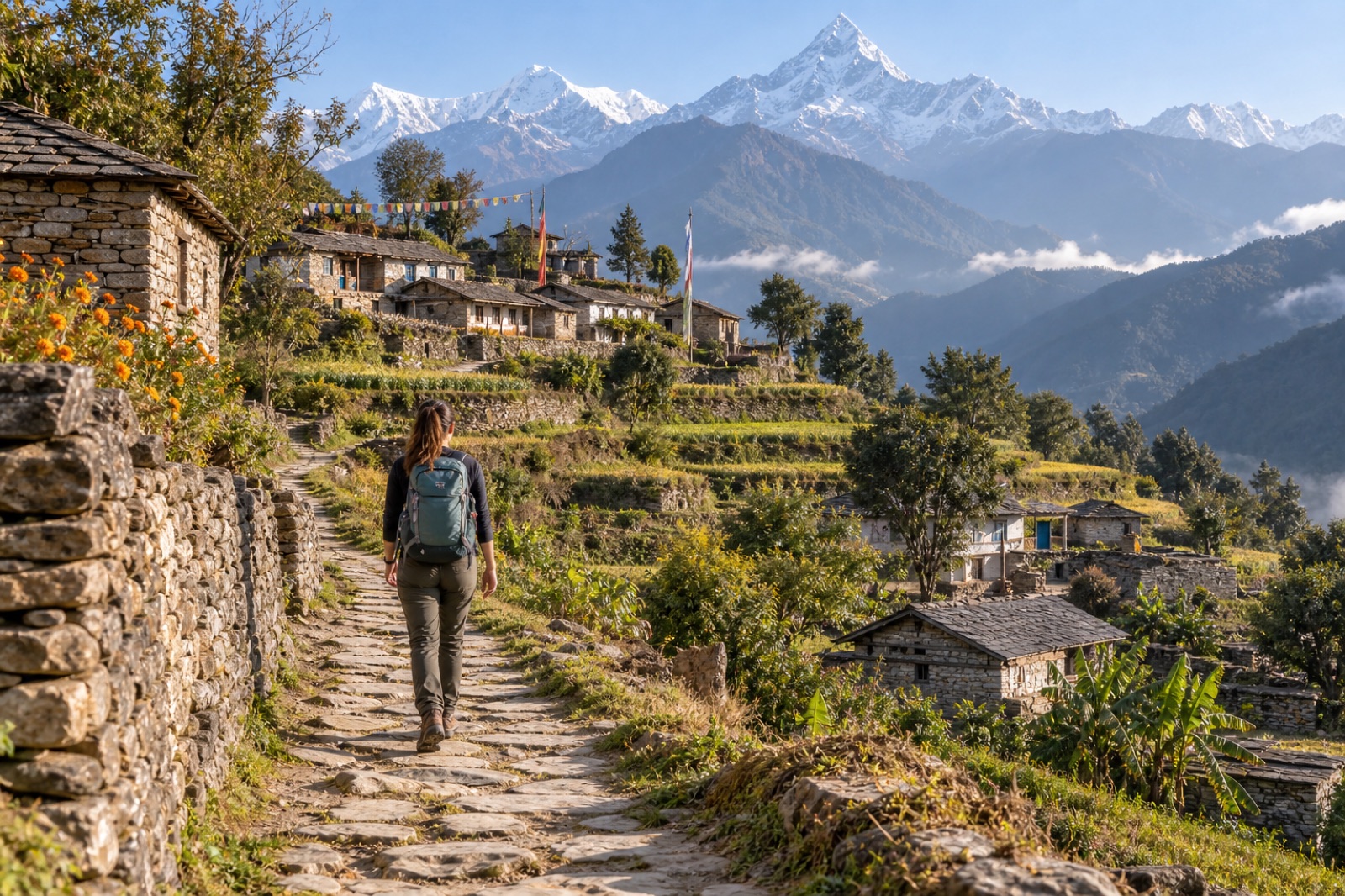 A solo woman traveller walking a stone trail toward a Gurung village in the Annapurna foothills
