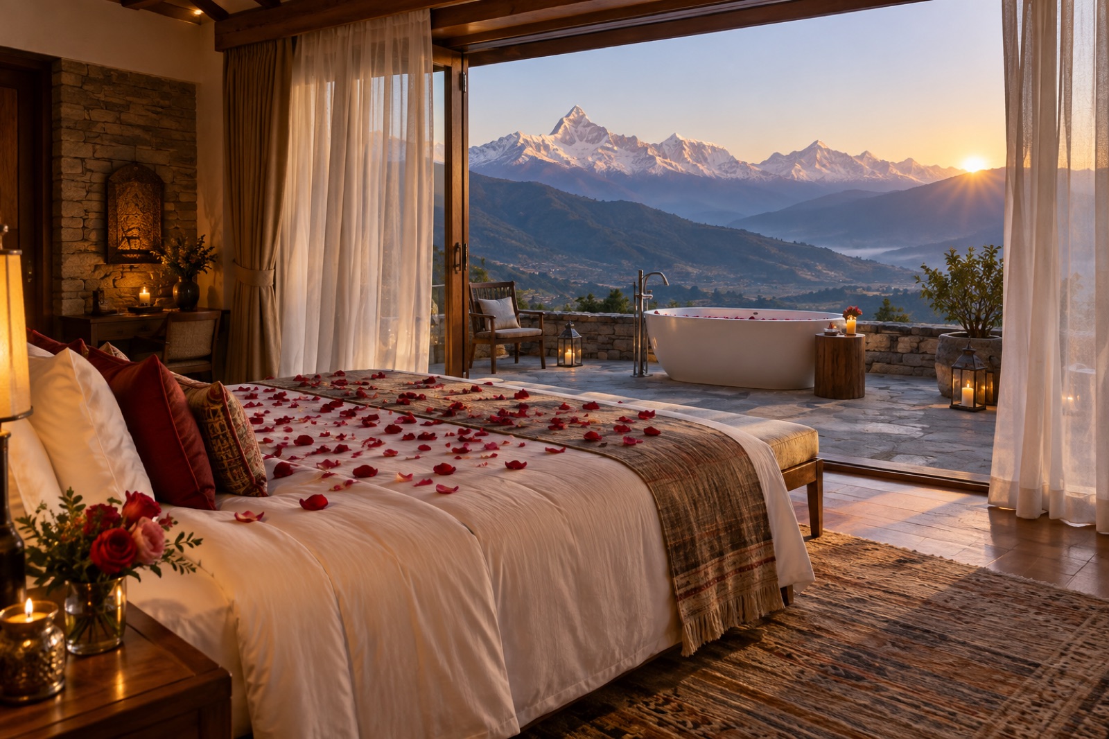 A honeymoon suite with rose petals on the bed and a terrace bathtub facing the Himalaya at dawn