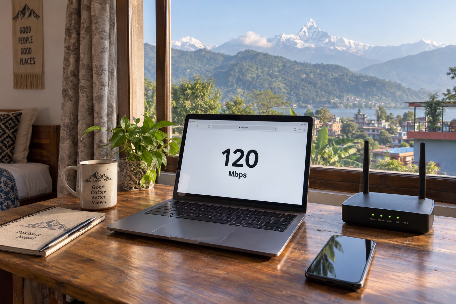 A laptop running an internet speed test in a Pokhara guesthouse room, with a router and hills outside