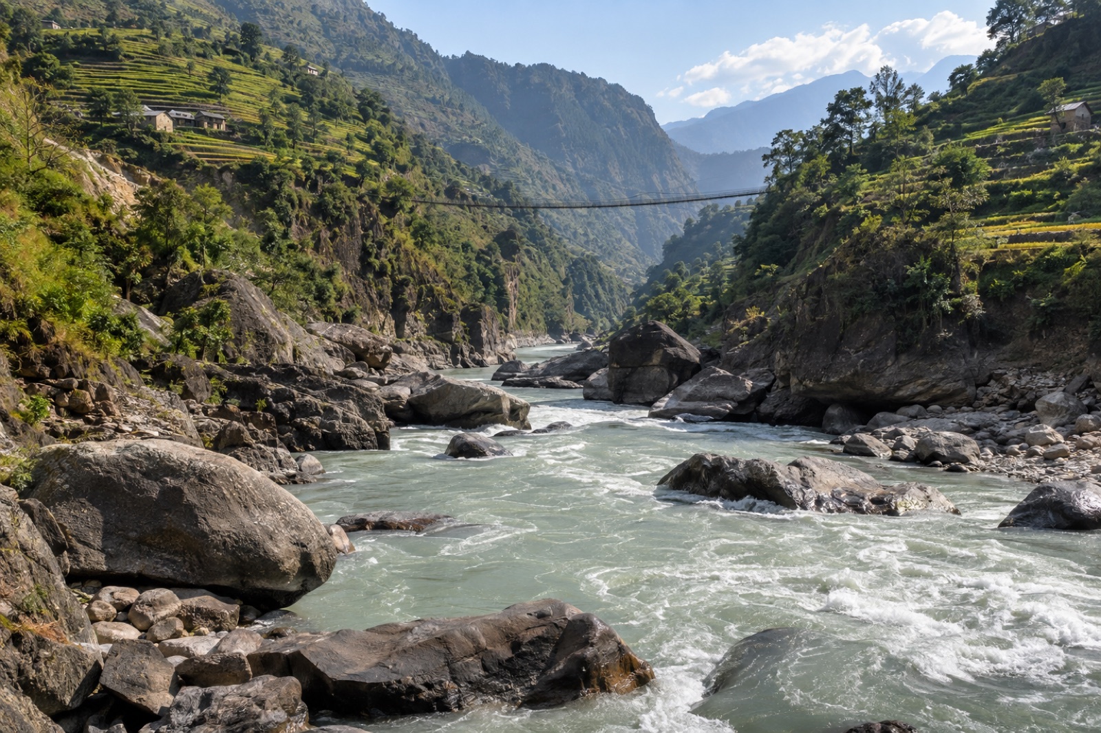 The grey-green Kali Gandaki river running through its boulder-strewn gorge below Baglung