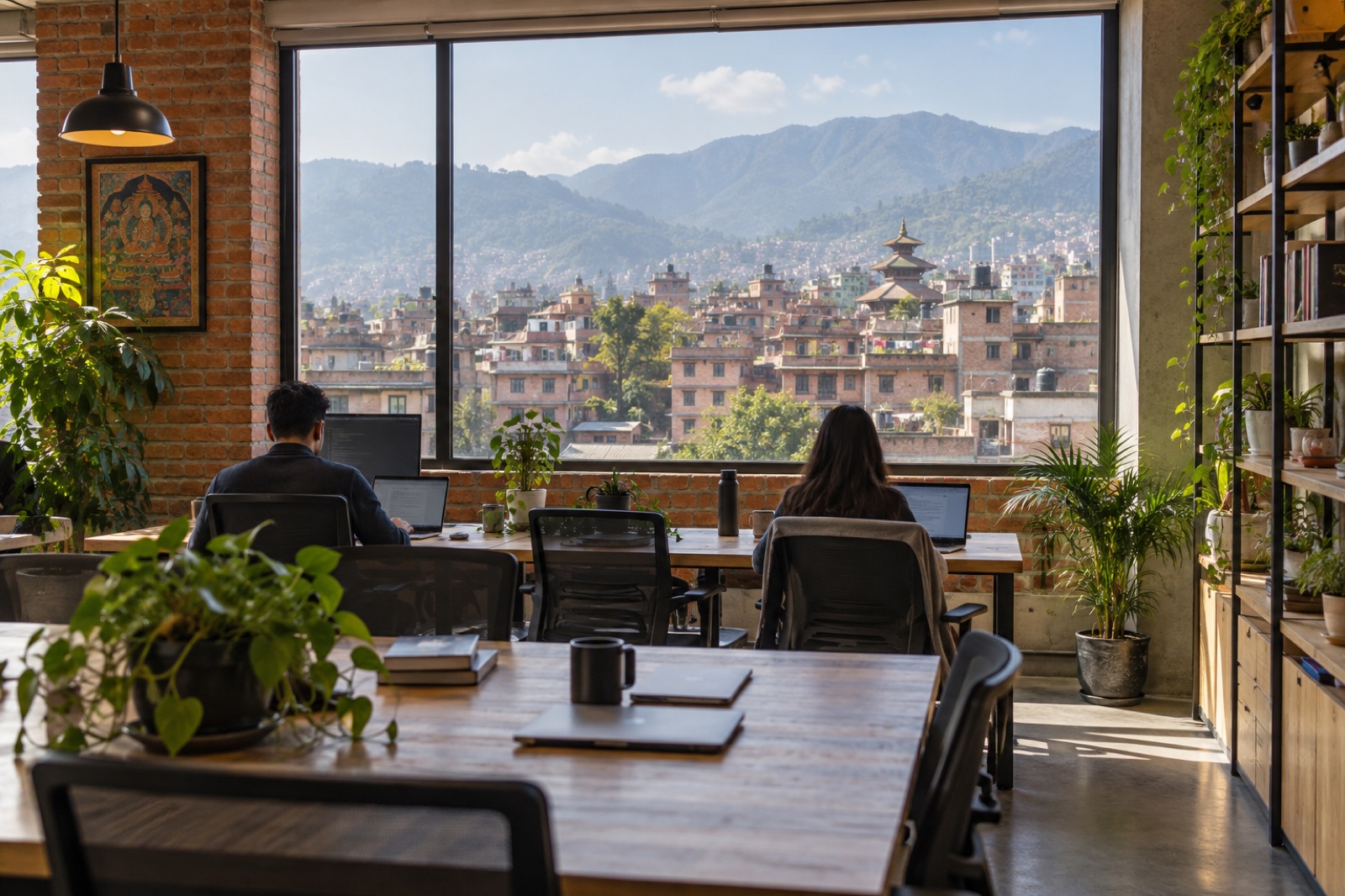A modern brick-walled coworking space in Kathmandu with a window over the city’s rooftops and temples
