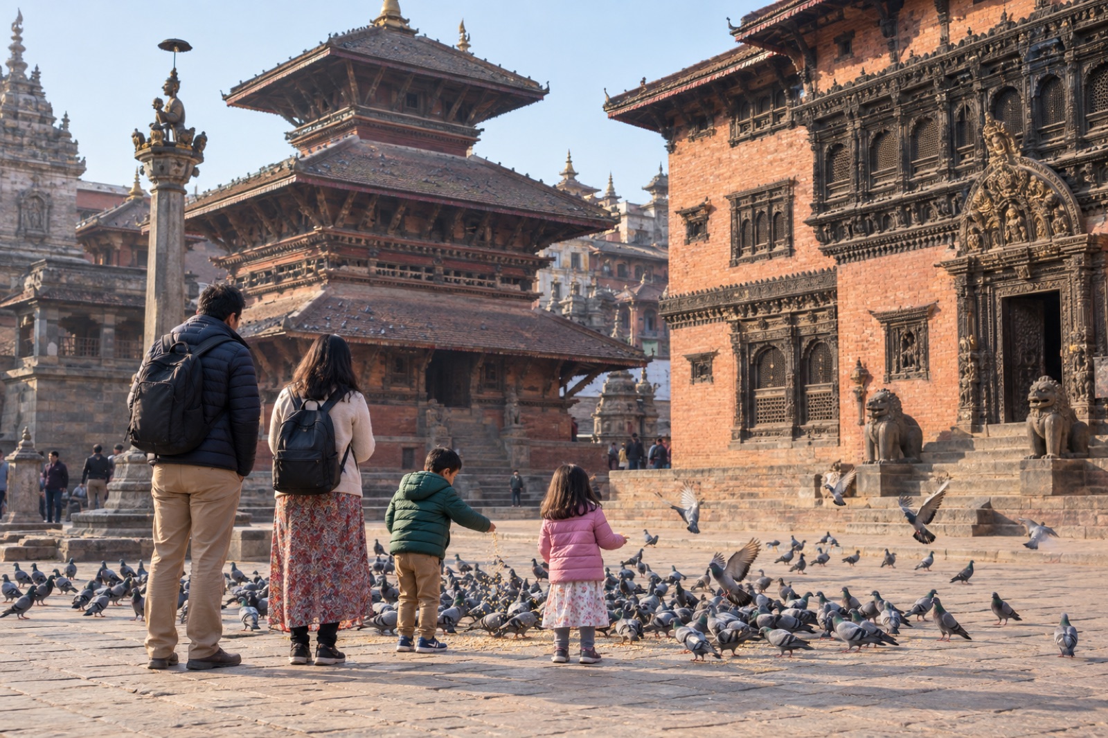 Children feeding pigeons in Patan Durbar Square, Kathmandu Valley, with their parents watching