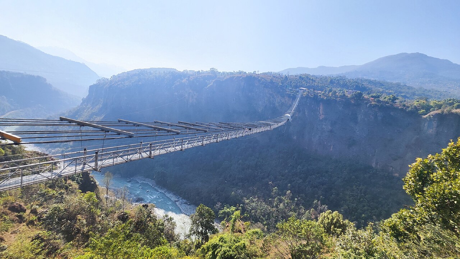 The long Kushma–Gyadi pedestrian suspension bridge spanning the deep Kali Gandaki gorge at Kushma, Parbat