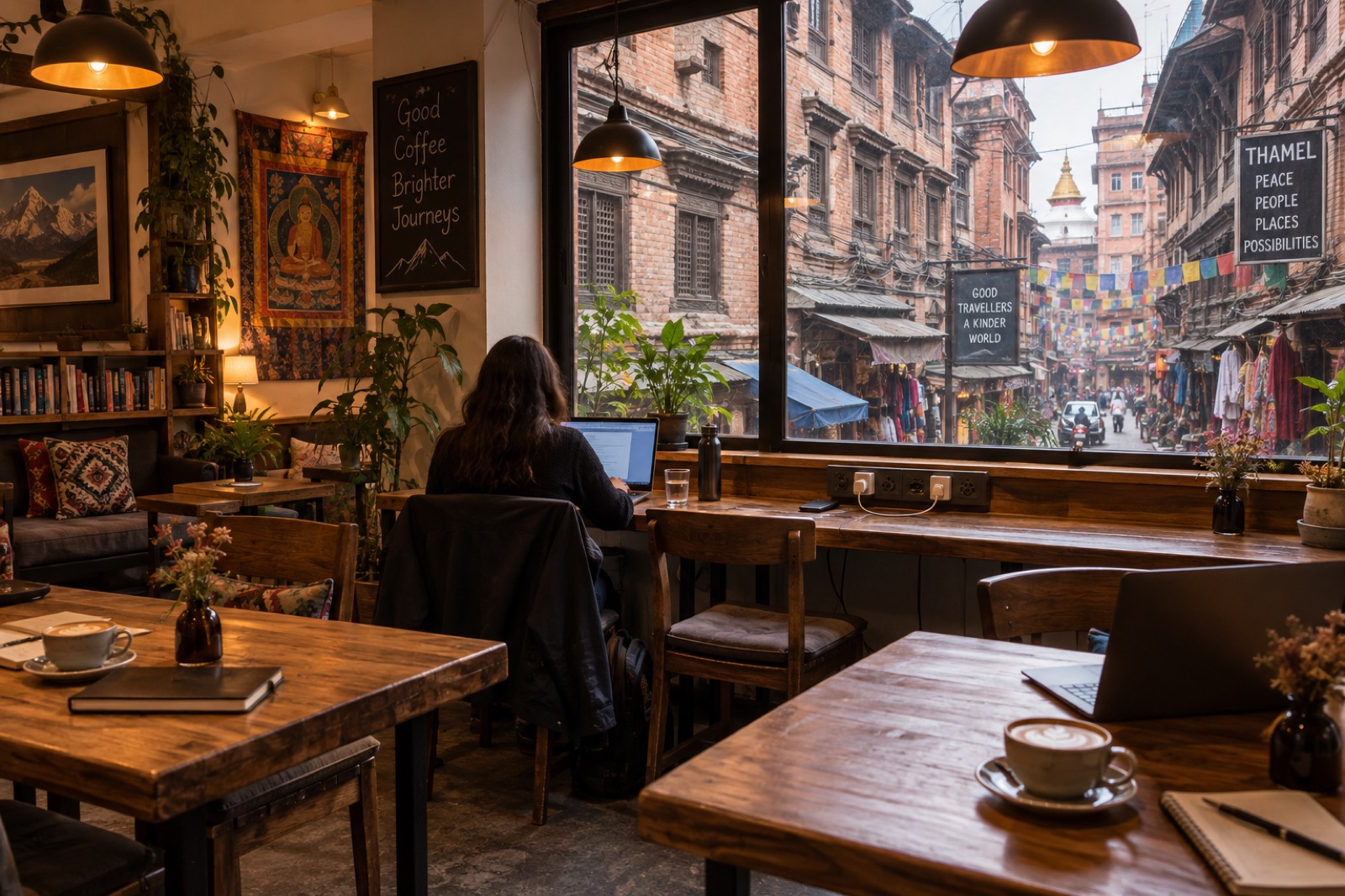 A laptop-friendly cafe in Thamel with wooden tables, power sockets and a window onto the street